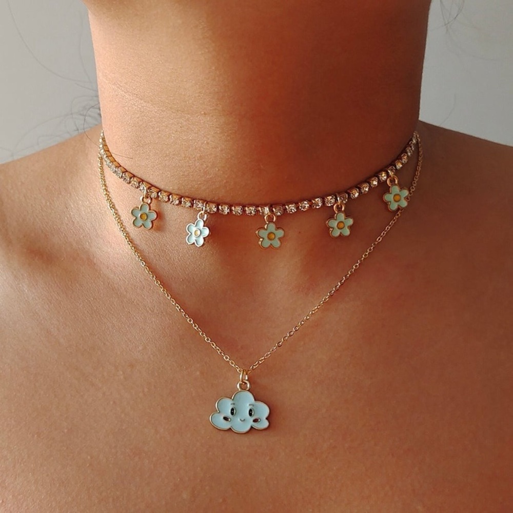 NEW! Gold and blue Flower Kawaii cloud necklace